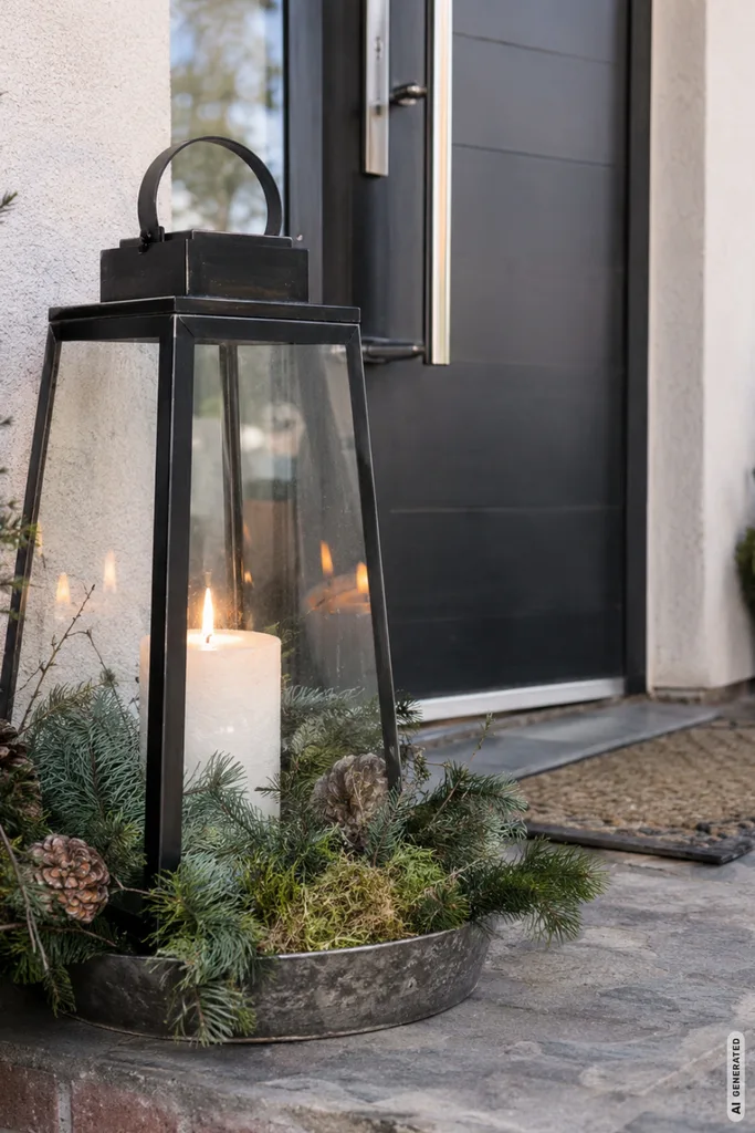 Winterdeko am Hauseingang: 5 Ideen für einen gepflegten Look den ganzen Winter Winterdeko für den Hauseingang mit schwarzer Laterne, Tannengrün, Moos und Zapfen neben einer modernen Haustür.
