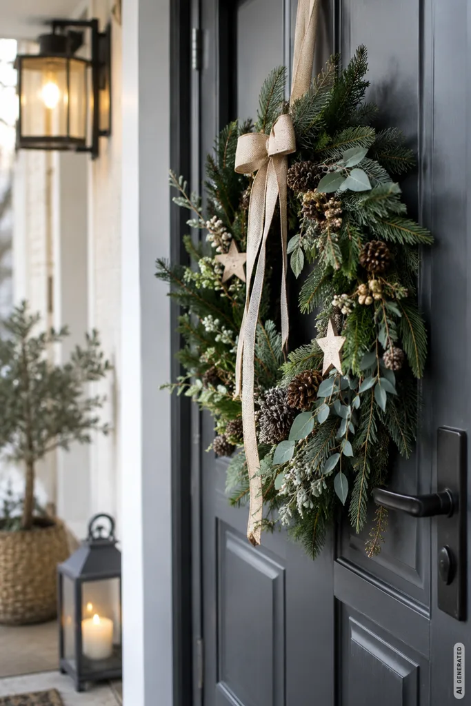 Winterdeko am Hauseingang: 5 Ideen für einen gepflegten Look den ganzen Winter Winterdeko für den Hauseingang mit Tannengrün, Zapfen und Schleife an einer dunklen Haustür.