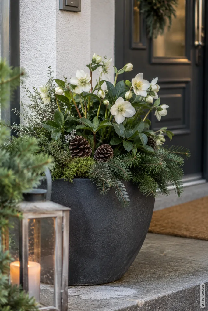 Winterdeko am Hauseingang: 5 Ideen für einen gepflegten Look den ganzen Winter Winterdeko für den Hauseingang mit Christrose, Tannengrün und Zapfen in einem dunklen Pflanzgefäß.
