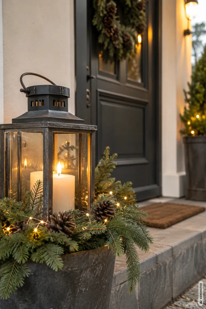 Winterdeko am Hauseingang: 5 Ideen für einen gepflegten Look den ganzen Winter Winterdeko für den Hauseingang mit Laterne, Tannengrün und warmem Licht.