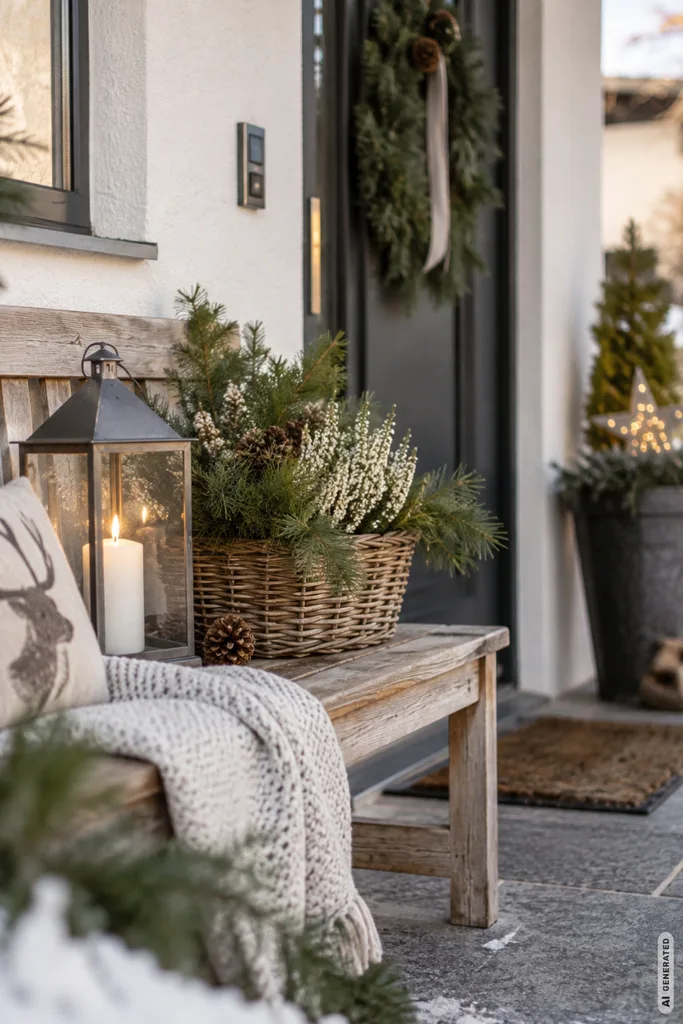 Winterdeko am Hauseingang: 5 Ideen für einen gepflegten Look den ganzen Winter Winterdeko für den Hauseingang mit Holzbank, Laterne, Tannengrün und winterlichem Korb.