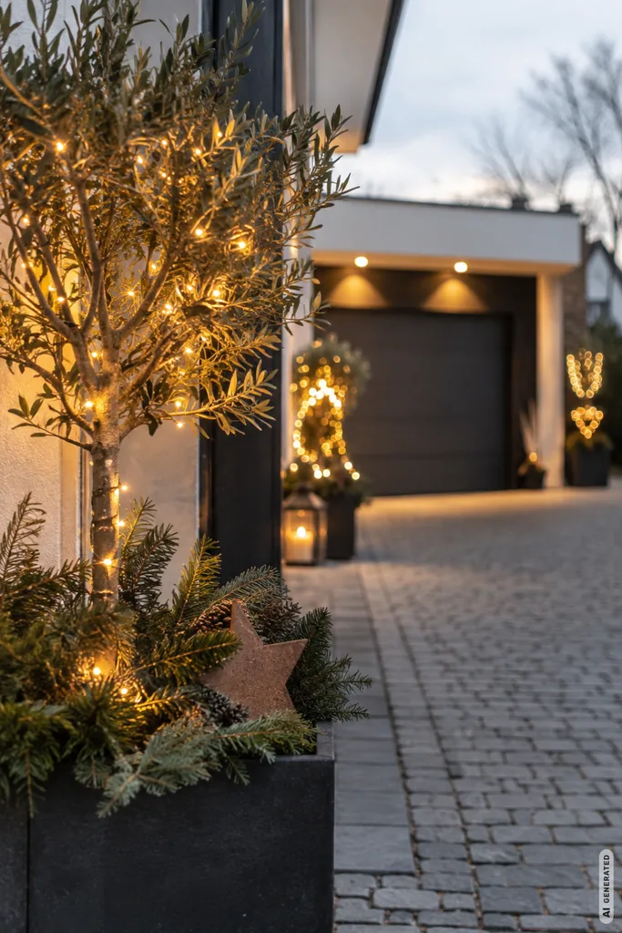 Winterdeko für die Einfahrt mit warmweißen Lichtern, Tannengrün und winterlicher Bepflanzung.