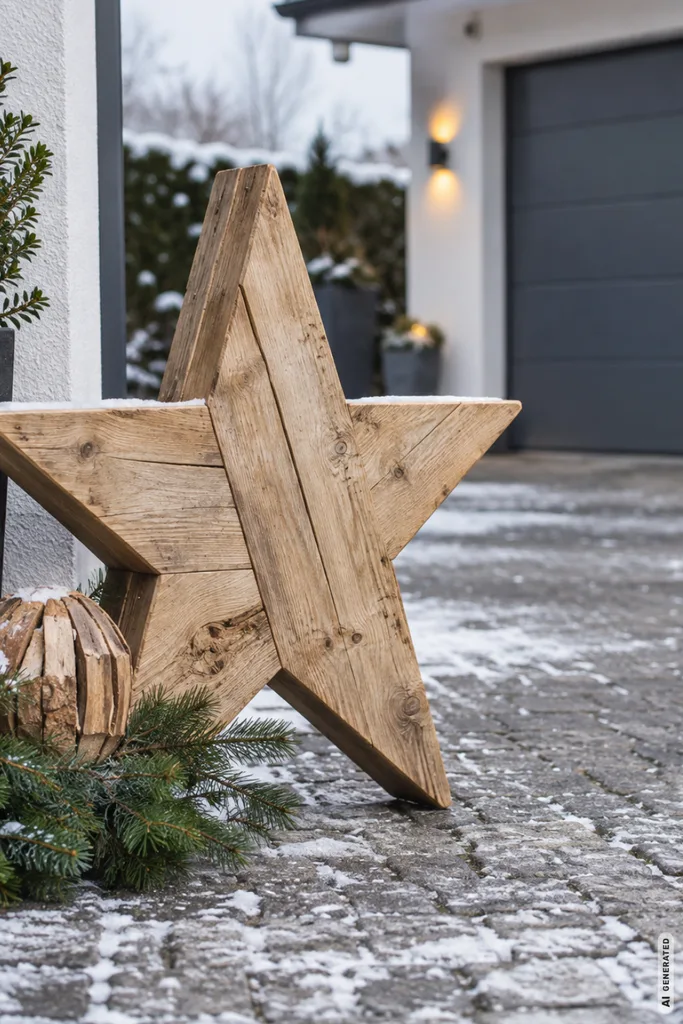 Winterdeko für die Einfahrt mit großem Holzstern, Tannengrün und Schnee vor moderner Garage.