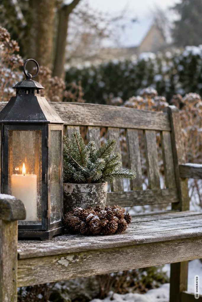 Winterdeko für die Gartenbank: 5 Ideen, die selbst schlichte Bänke aufwerten Winterdeko für die Gartenbank mit Laterne, Tannengrün und Zapfen auf einer winterlichen Holzbank.