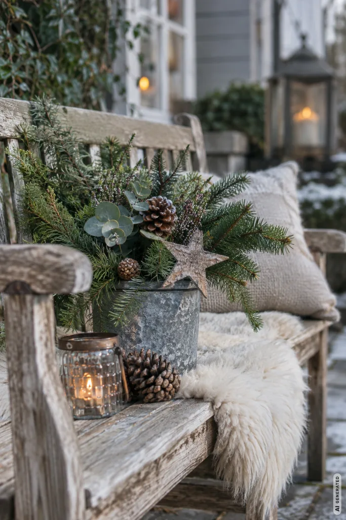 Winterdeko für die Gartenbank: 5 Ideen, die selbst schlichte Bänke aufwerten Winterdeko für die Gartenbank mit immergrünen Zweigen, Zapfen, Laterne und natürlichen Materialien.
