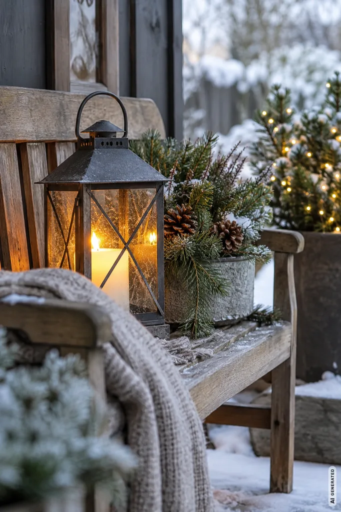 Winterdeko für die Gartenbank: 5 Ideen, die selbst schlichte Bänke aufwerten Winterdeko für die Gartenbank mit großer Laterne, Tannengrün, Zapfen und winterlicher Bepflanzung.