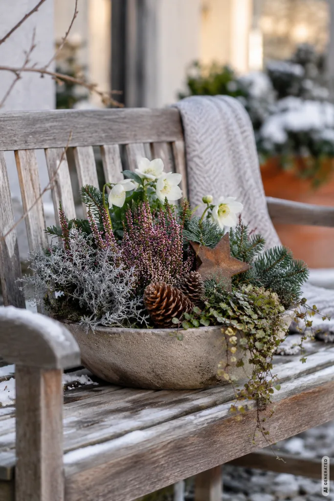 Winterdeko für die Gartenbank: 5 Ideen, die selbst schlichte Bänke aufwerten Winterdeko für die Gartenbank mit winterlicher Pflanzschale, Tannengrün und Zapfen.