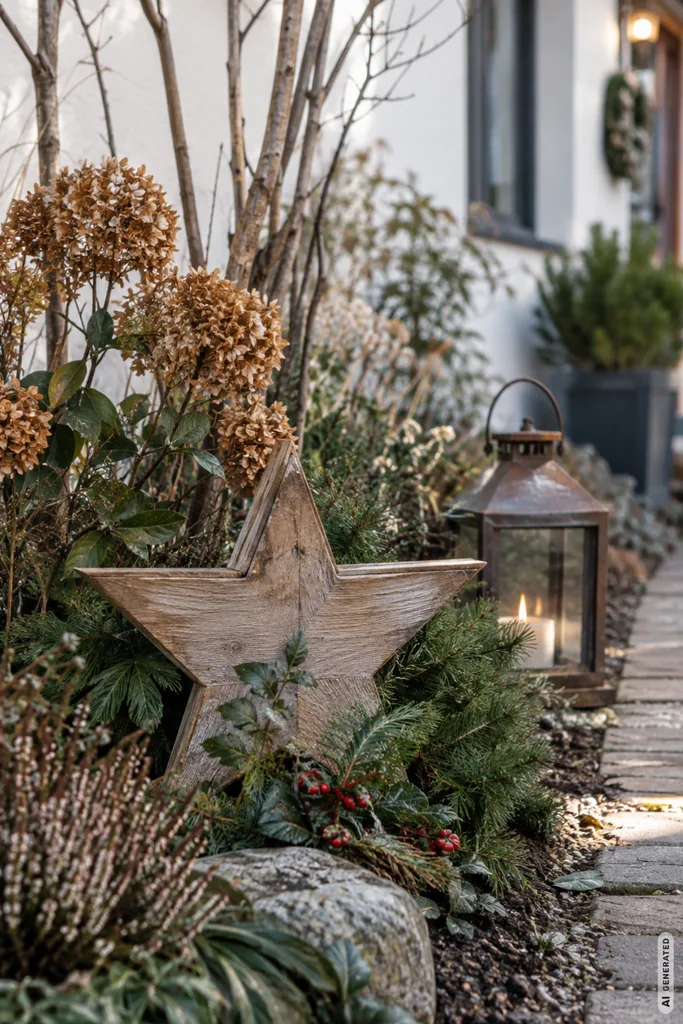 Winterdeko im Vorgarten mit Holzstern, Tannengrün, Winterbeet und Laterne am Gartenweg.