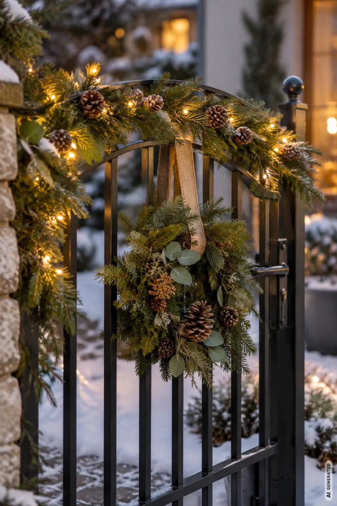 5 Ideen für Winterdeko am Gartentor, die wetterfest und trotzdem dekorativ sind Winterdeko für das Gartentor mit Tannengrün, Zapfen und warmweißer Lichterkette im verschneiten Vorgarten.