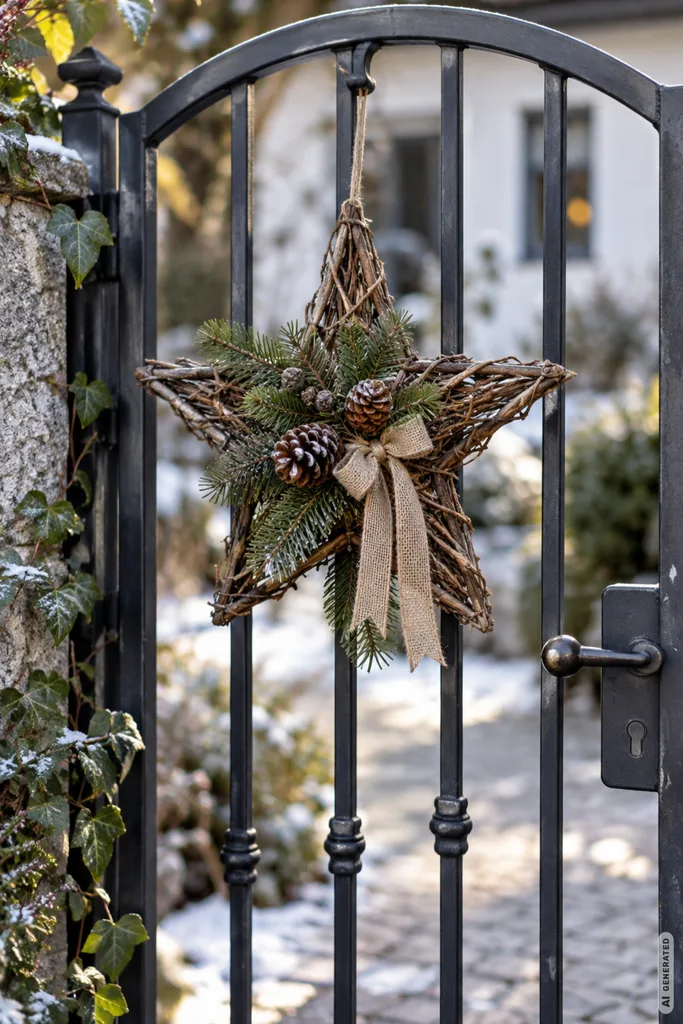 5 Ideen für Winterdeko am Gartentor, die wetterfest und trotzdem dekorativ sind Winterdeko für Gartentor mit Zweigstern, Tannengrün und Zapfen an schwarzem Metalltor im Schnee.