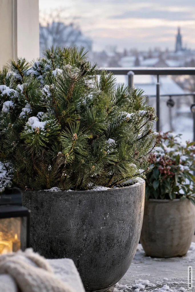 Winterdeko für den Balkon: 5 Ideen, die auch kleine Flächen gemütlich wirken lassen Winterdeko für den Balkon mit immergrünen Pflanzen in großen Kübeln, natürlich und stimmungsvoll gestaltet.