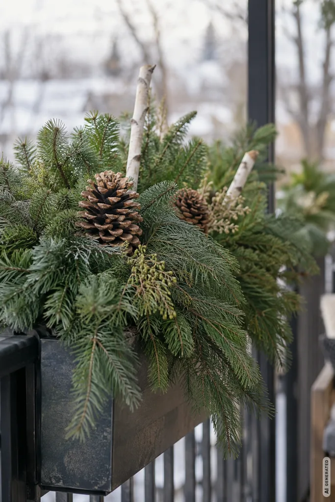 Winterdeko für den Balkon: 5 Ideen, die auch kleine Flächen gemütlich wirken lassen Winterdeko für den Balkon mit Tannengrün, Zapfen und Birkenzweigen in einem winterlich bepflanzten Balkonkasten.