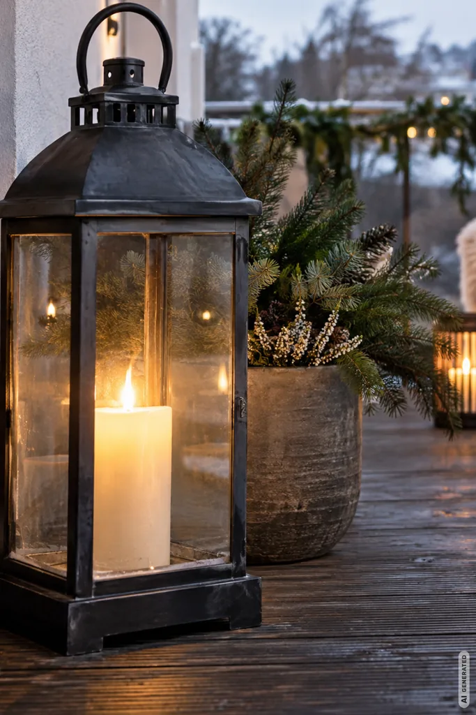 Winterdeko für den Balkon: 5 Ideen, die auch kleine Flächen gemütlich wirken lassen Winterdeko für den Balkon mit schwarzer Laterne, Kerze, Tannengrün und warmem Licht auf Holzboden.