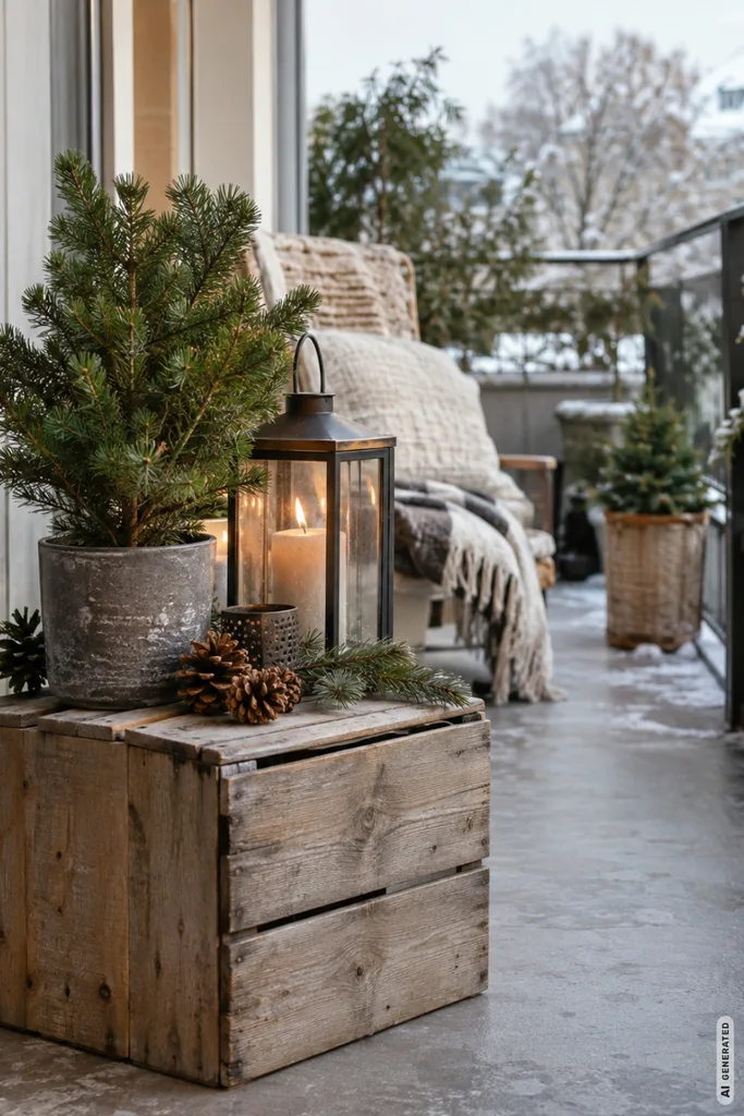 Winterdeko für den Balkon: 5 Ideen, die auch kleine Flächen gemütlich wirken lassen Winterdeko für den Balkon mit Holzkiste, Laterne, Tannengrün und gemütlicher Sitzecke im winterlichen Außenbereich.
