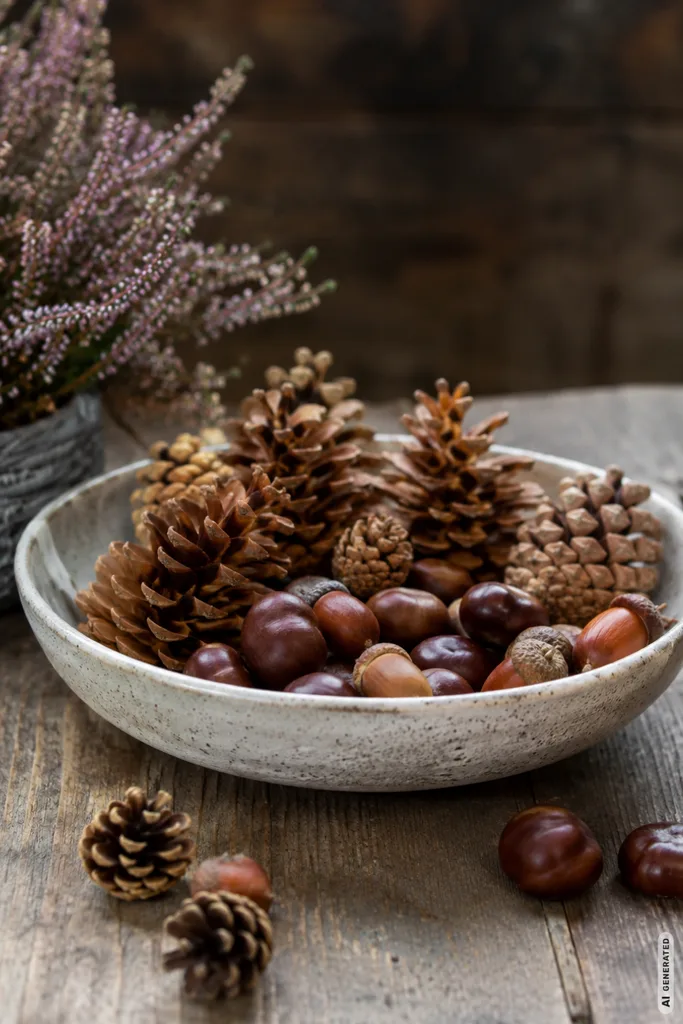 Herbstdeko mit Naturmaterialien für den Garten aus Kastanien, Eicheln und Zapfen in einer Schale.
