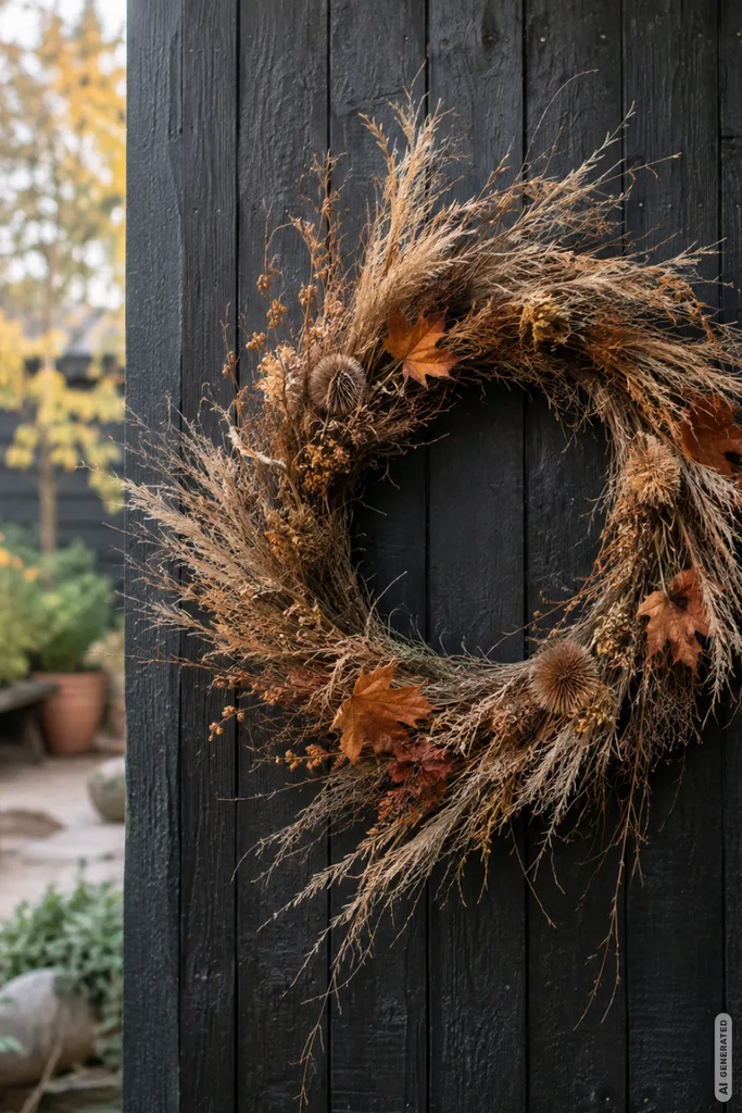 Einfache Herbstdeko für den Garten mit natürlichem Herbstkranz an einem dunklen Holzzaun.