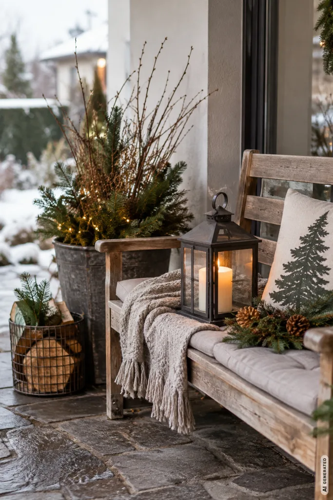 Winterdeko im Garten: 5 Ideen, die triste Gartenecken sichtbar aufwerten Winterdeko im Garten mit Holzbank, Laterne, Tannengrün und natürlicher Gestaltung.