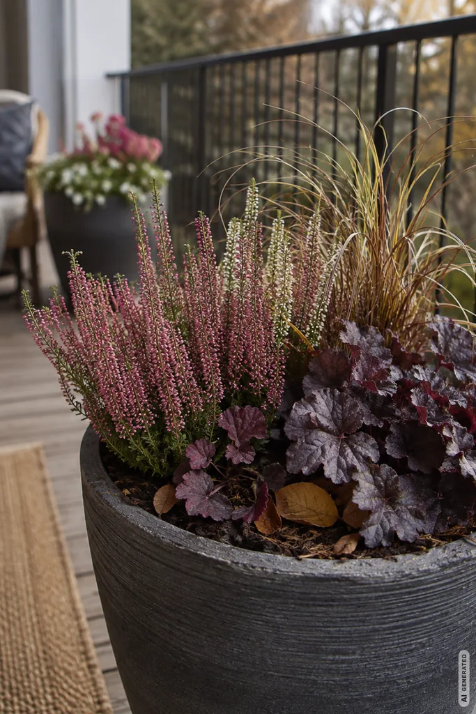 Einfache Herbstdeko für den Balkon mit Heide, Ziergras und Purpurglöckchen im Pflanzkübel.