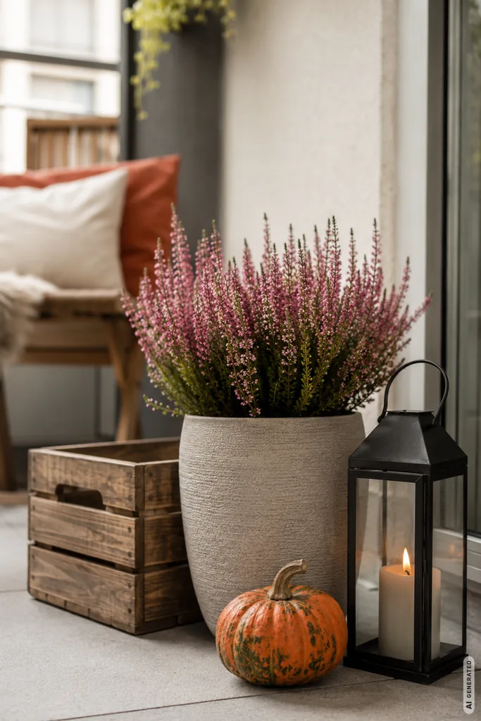 Einfache Herbstdeko für den Balkon mit Heide, Kürbis, Laterne und Holzkiste.