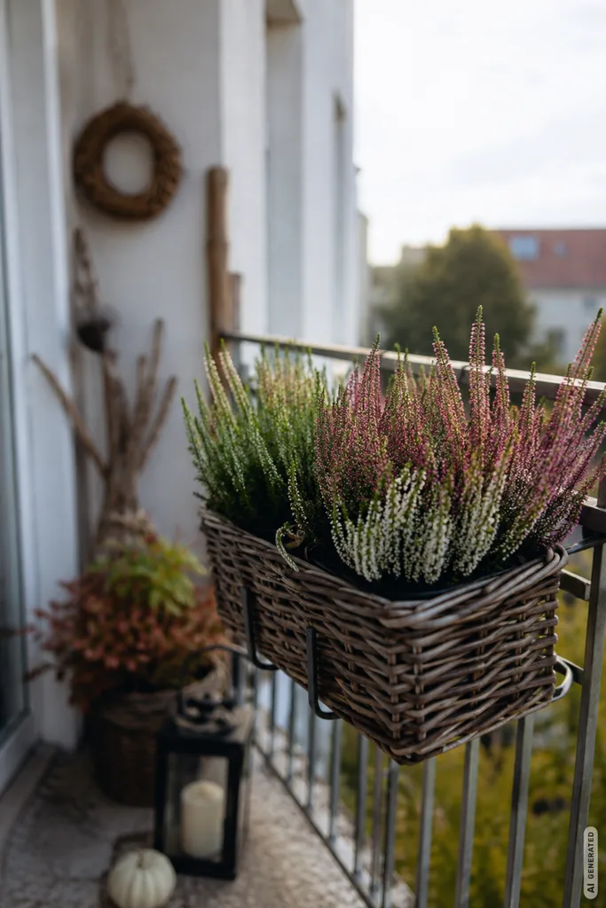Einfache Herbstdeko für den Balkon mit Heide im Balkonkasten am Geländer.