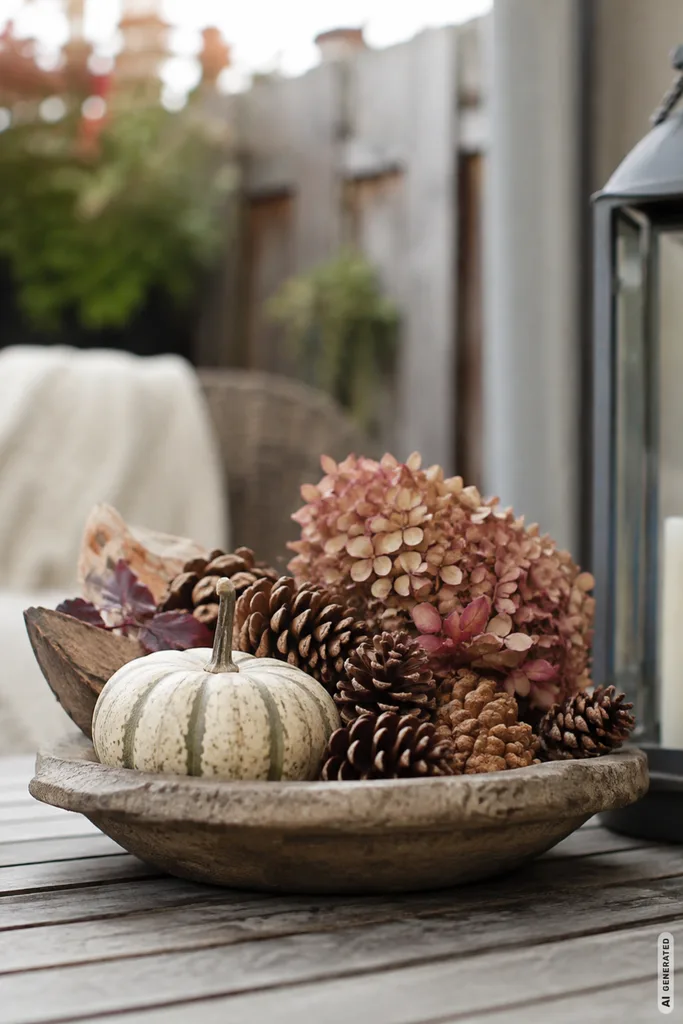 Einfache Herbstdeko für den Balkon mit Kürbis, Zapfen und getrockneten Blüten in einer Schale.