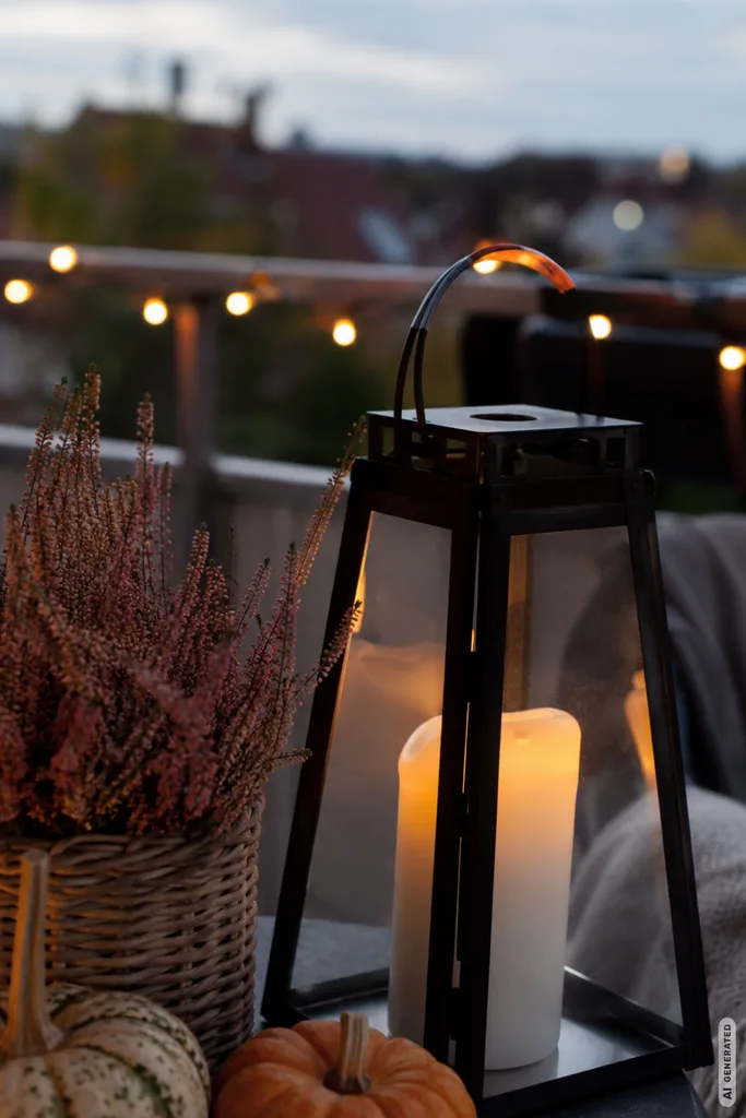 Einfache Herbstdeko für den Balkon mit Laterne, warmem Licht, Heide und kleinen Kürbissen.