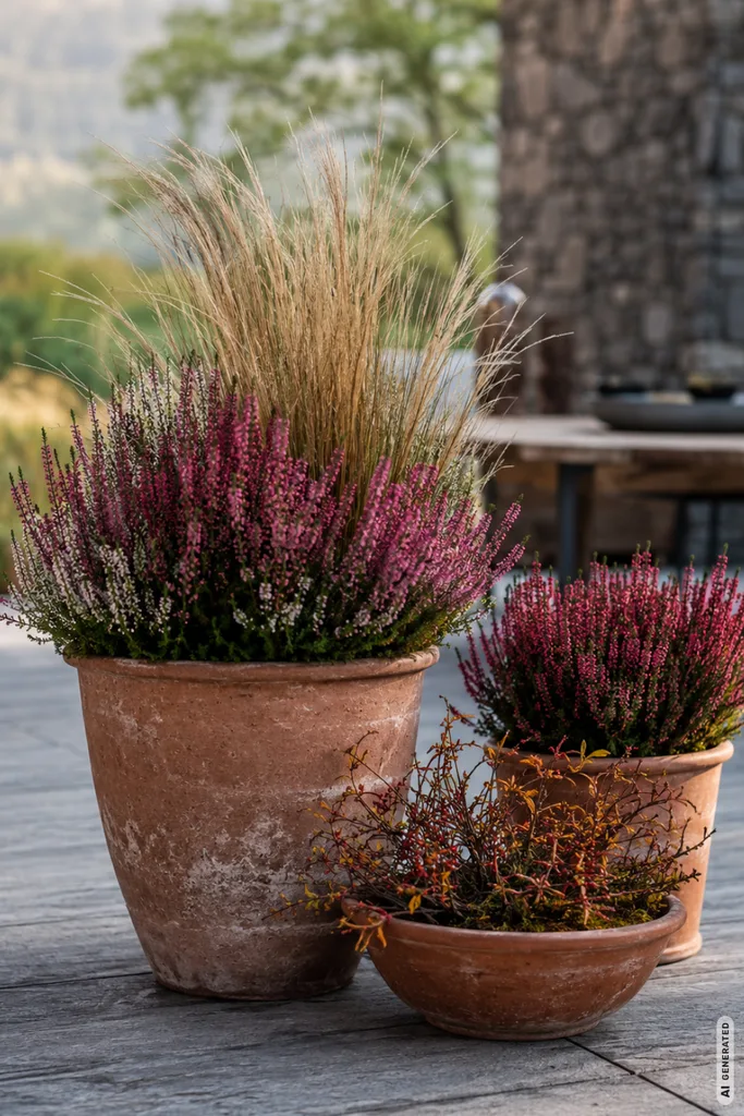 Einfache Herbstdeko für die Terrasse mit gruppierten Terrakottakübeln, Heide und Ziergras.