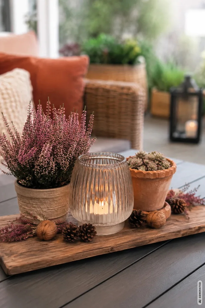 Einfache Herbstdeko für die Terrasse mit Heide, Windlicht und Naturmaterialien auf dem Gartentisch.