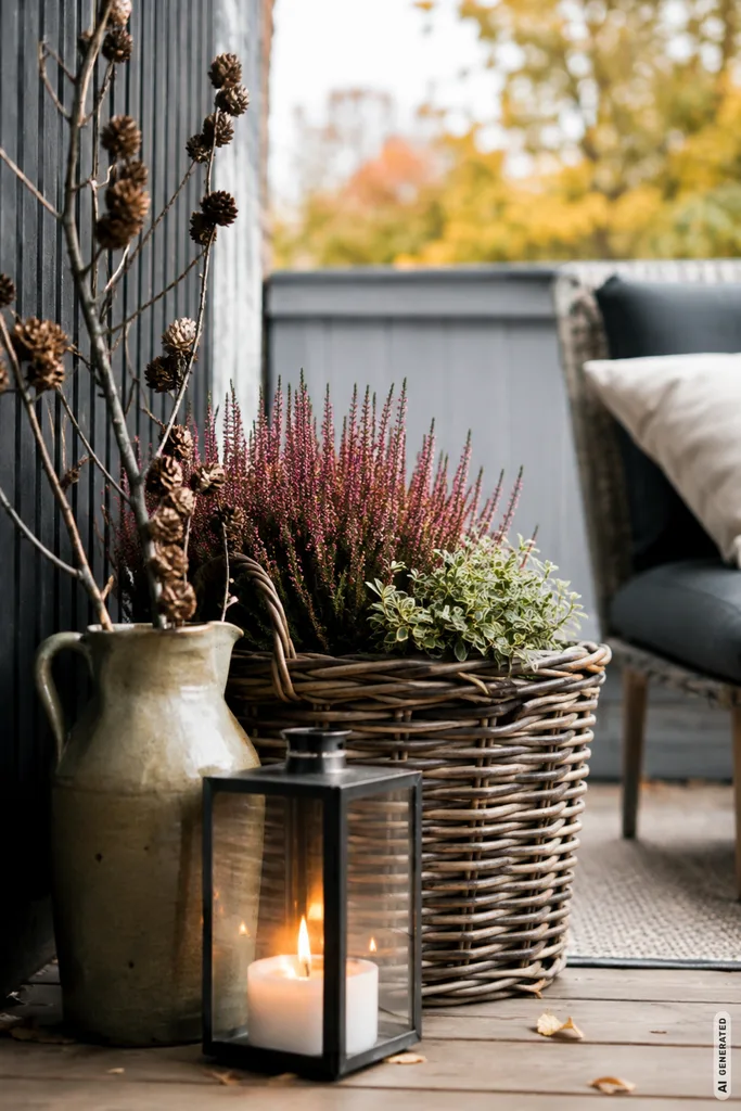 Einfache Herbstdeko für die Terrasse mit Korb, Heide, Zweigen und Laterne in einer geschützten Ecke.