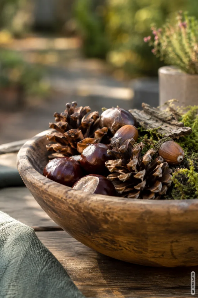 Herbstdeko mit Naturmaterialien für den Garten mit Zapfen, Kastanien, Moos und Rinde.