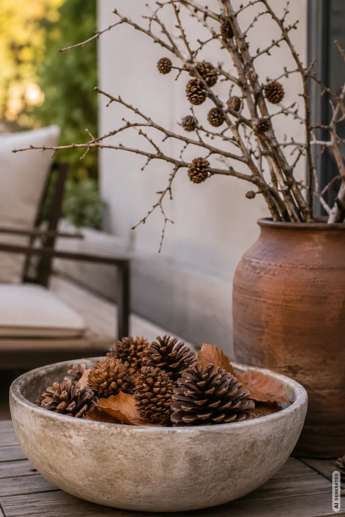 Einfache Herbstdeko für die Terrasse mit Zapfen, Schale und Zweigen auf einem Holztisch.