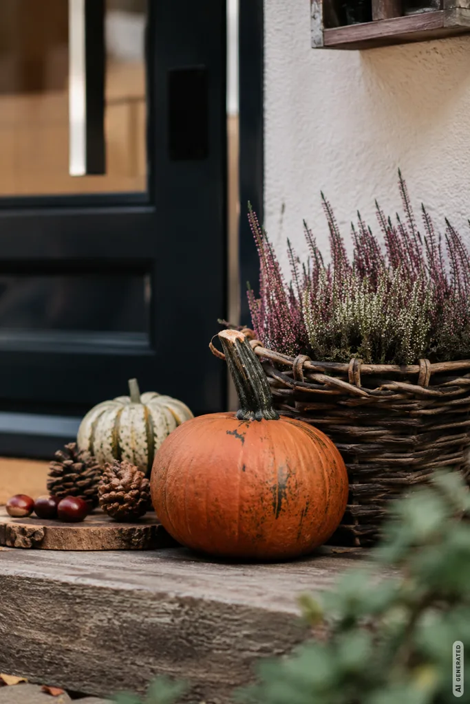 Einfache Herbstdeko für den Hauseingang mit Kürbis, Heide, Korb und Naturmaterialien vor der Haustür.