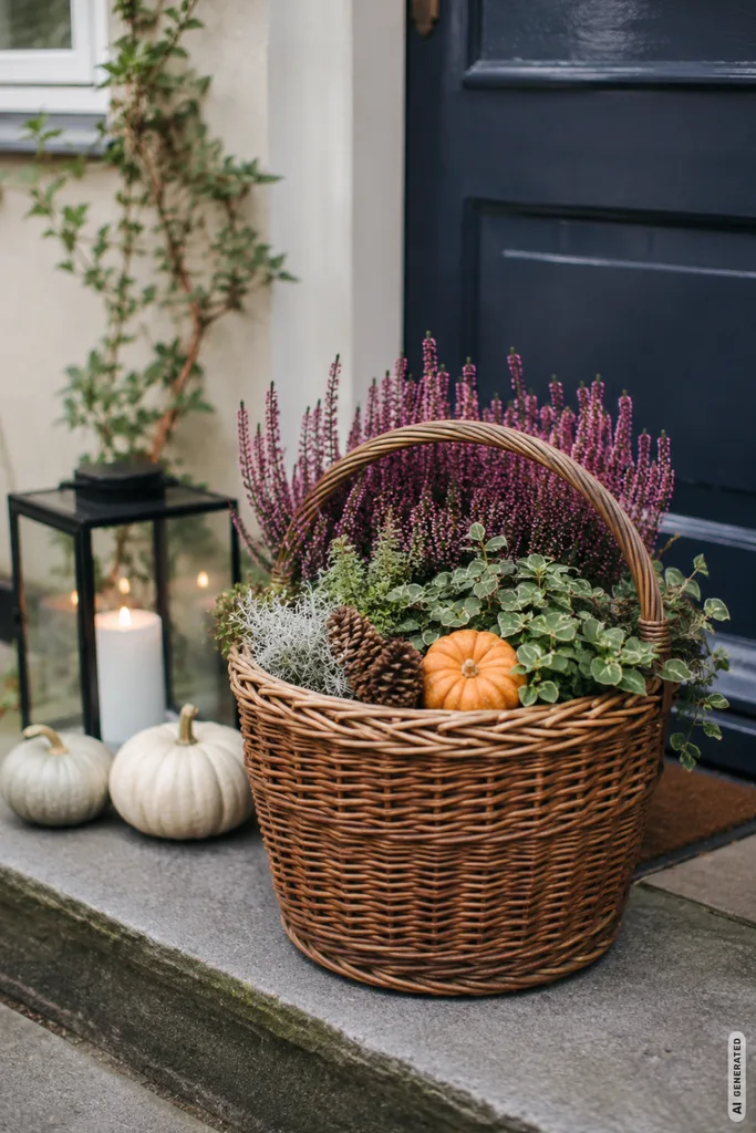 Einfache Herbstdeko für den Hauseingang mit Korb, Heide, Kürbis und Laterne.
