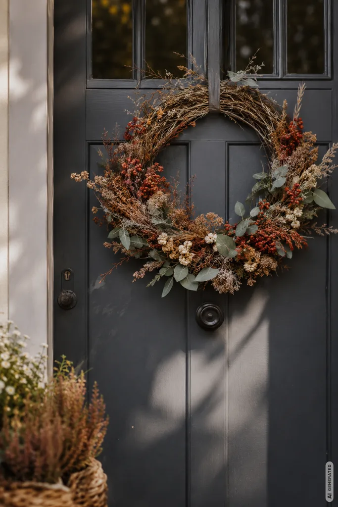 Einfache Herbstdeko für den Hauseingang mit natürlichem Herbstkranz an dunkler Haustür.