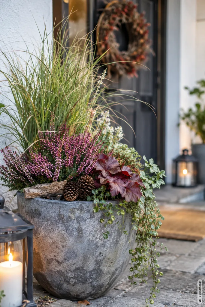Pflegeleichte Herbstdeko für den Garten: Diese 5 Ideen machen wenig Arbeit Pflegeleichte Herbstdeko für den Garten mit robustem Pflanzkübel, Heide, Gräsern und Zapfen.