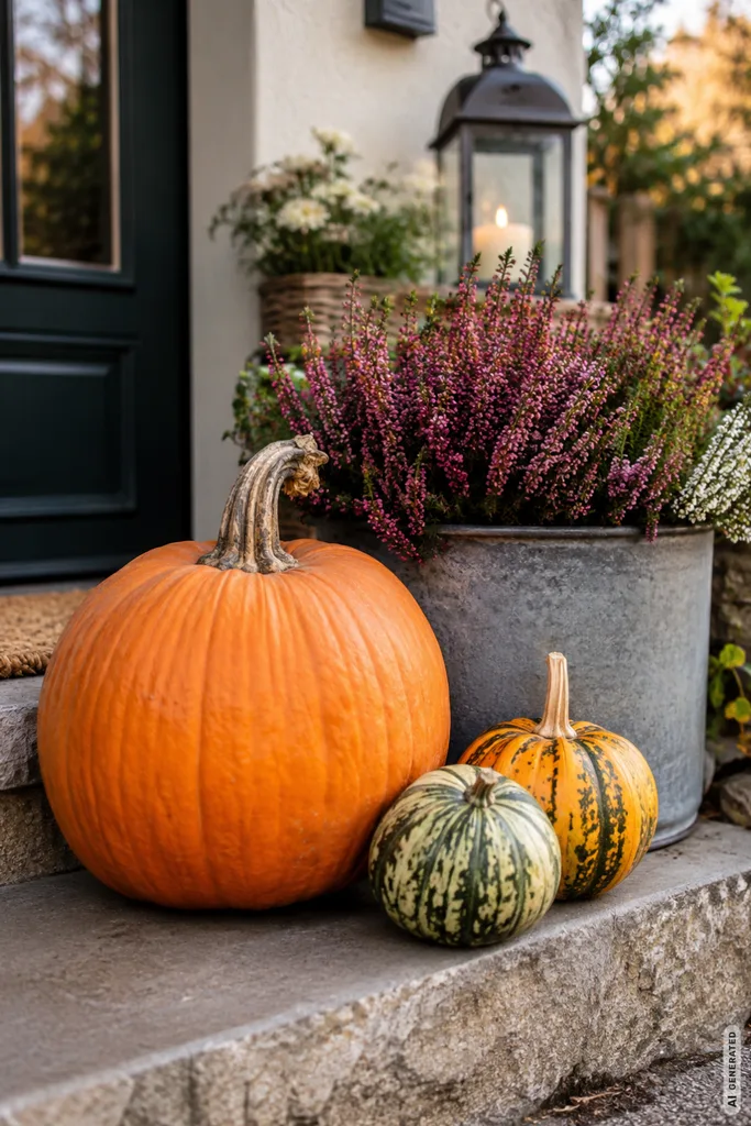 Pflegeleichte Herbstdeko für den Garten: Diese 5 Ideen machen wenig Arbeit Pflegeleichte Herbstdeko für den Garten mit Kürbissen, Heide und Laterne am Hauseingang.