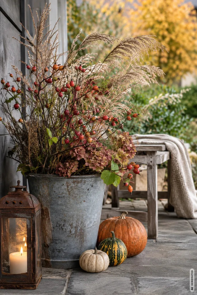 Pflegeleichte Herbstdeko für den Garten: Diese 5 Ideen machen wenig Arbeit Pflegeleichte Herbstdeko für den Garten mit Zweigen, Gräsern, Hagebutten, Kürbissen und Laterne.