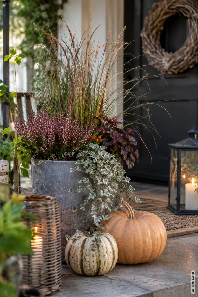 Pflegeleichte Herbstdeko für den Garten: Diese 5 Ideen machen wenig Arbeit Pflegeleichte Herbstdeko für den Garten mit Pflanzkübel, Kürbissen und Laternen in einer festen Dekozone.