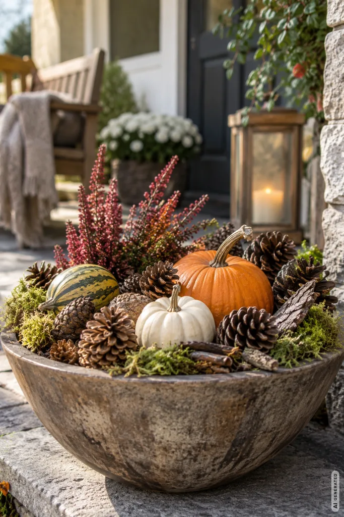 Pflegeleichte Herbstdeko für den Garten: Diese 5 Ideen machen wenig Arbeit Pflegeleichte Herbstdeko für den Garten mit Kürbissen, Zapfen, Moos und Zweigen in einer wetterfesten Schale.