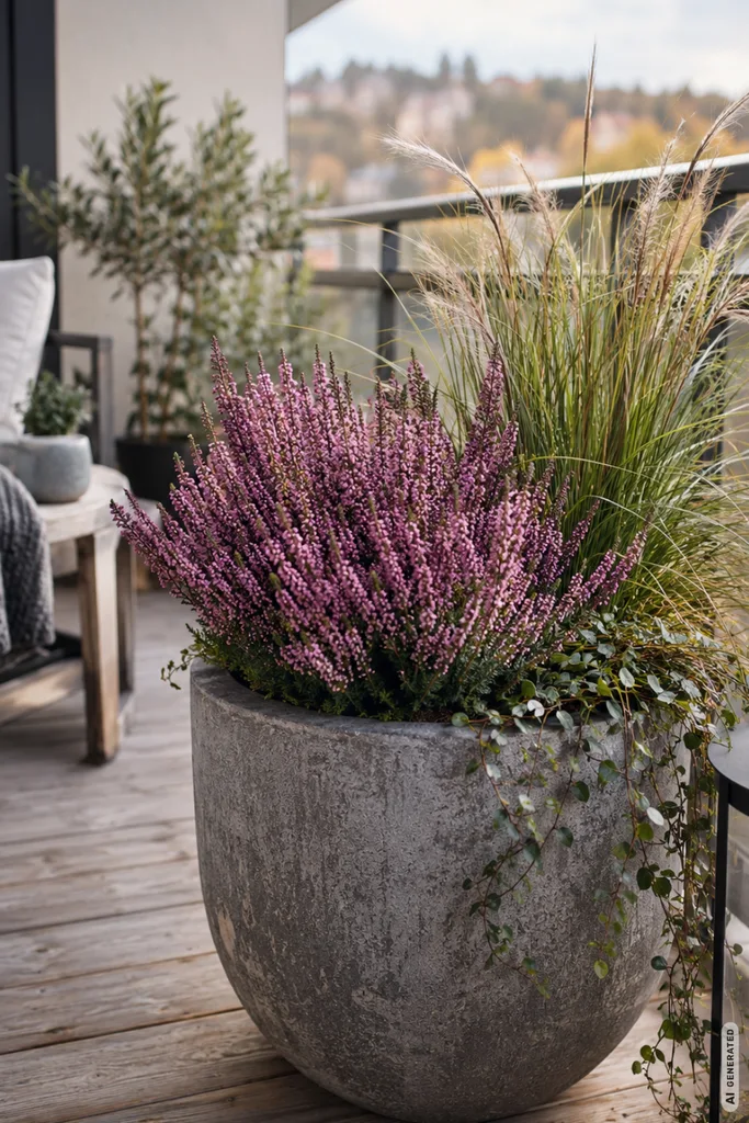 Pflegeleichte Herbstdeko für den Balkon: 5 Ideen ohne ständiges Umräumen Pflegeleichte Herbstdeko für den Balkon mit Heide, Ziergräsern und großem Pflanzkübel.