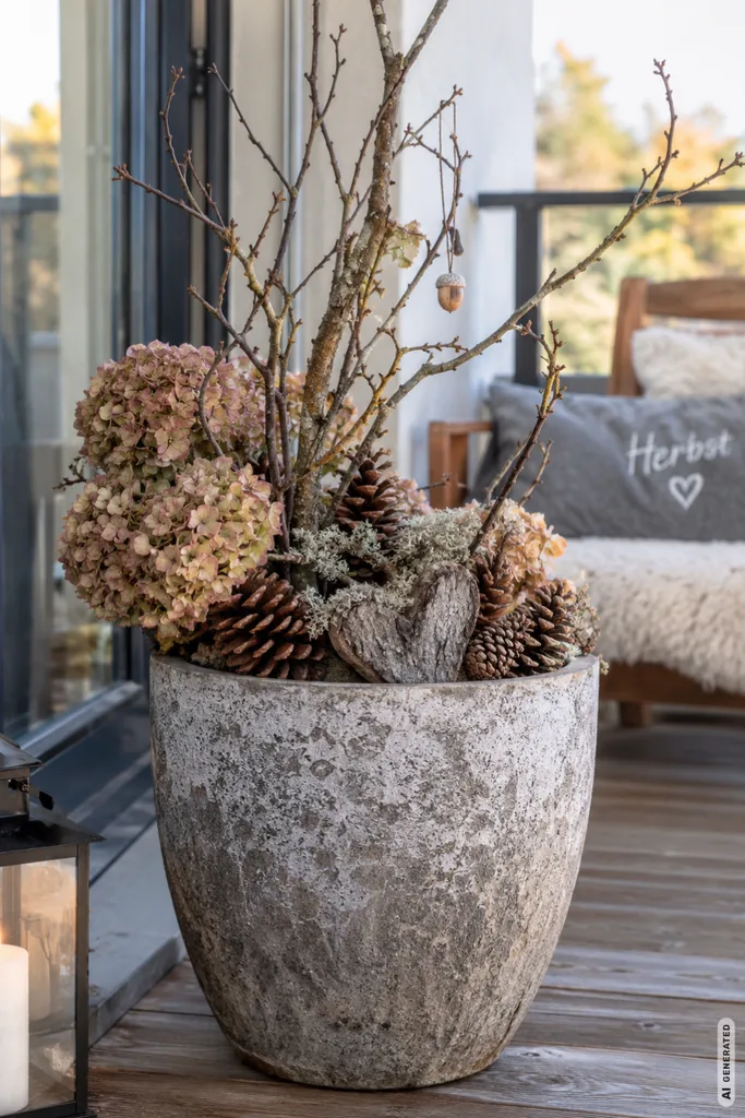 Pflegeleichte Herbstdeko für den Balkon: 5 Ideen ohne ständiges Umräumen Pflegeleichte Herbstdeko für den Balkon mit Zweigen, Zapfen und Hortensien in einem großen Pflanzgefäß.