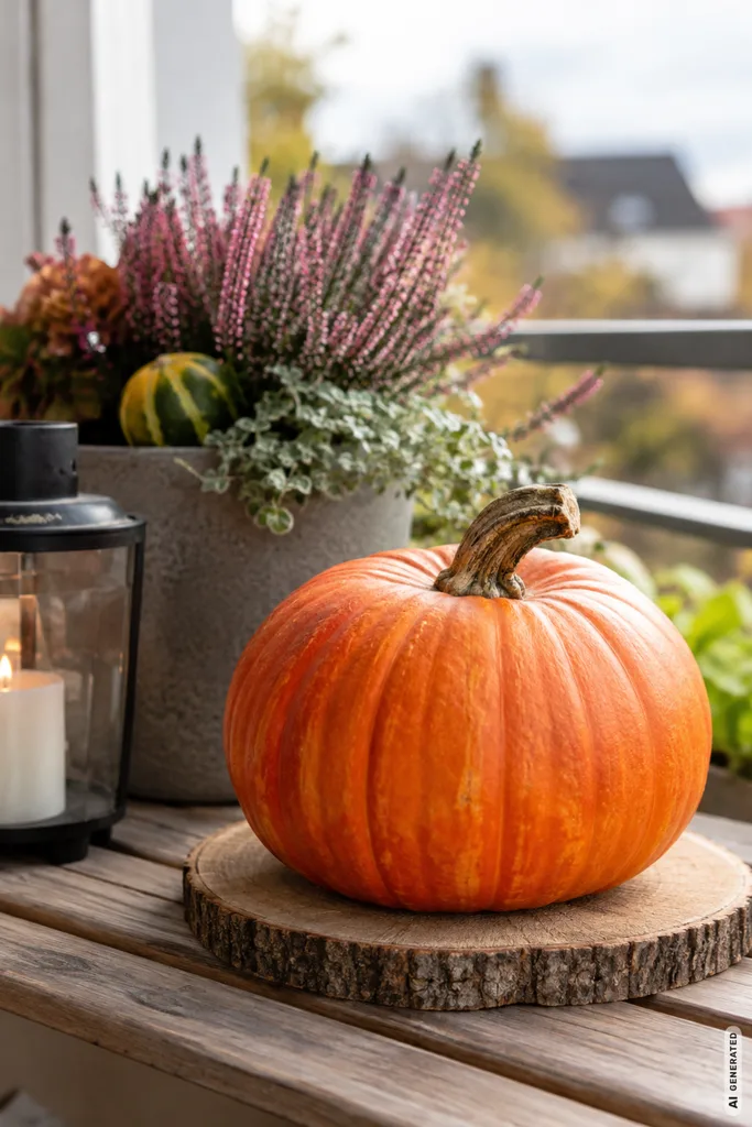 Pflegeleichte Herbstdeko für den Balkon: 5 Ideen ohne ständiges Umräumen Pflegeleichte Herbstdeko für den Balkon mit Kürbis, Heide und Laterne auf einem Holztisch.
