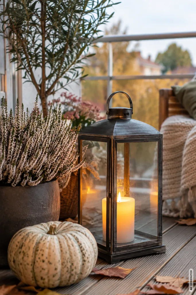 Pflegeleichte Herbstdeko für den Balkon: 5 Ideen ohne ständiges Umräumen Pflegeleichte Herbstdeko für den Balkon mit wetterfester Laterne, Heide und Kürbis.