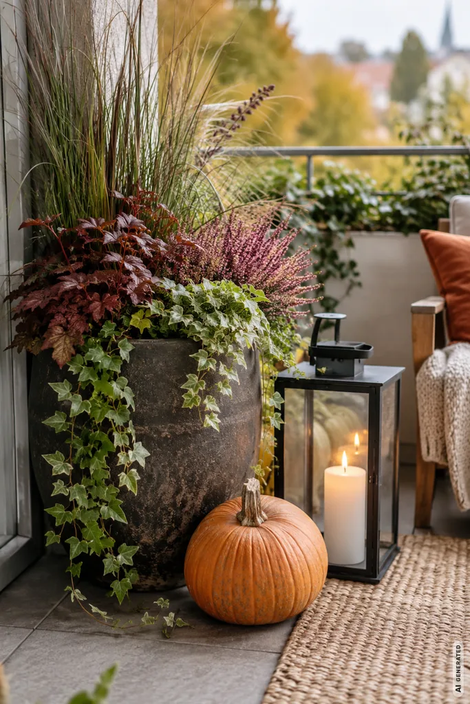 Pflegeleichte Herbstdeko für den Balkon: 5 Ideen ohne ständiges Umräumen Pflegeleichte Herbstdeko für den Balkon mit Kürbis, Laterne und bepflanztem Topf.