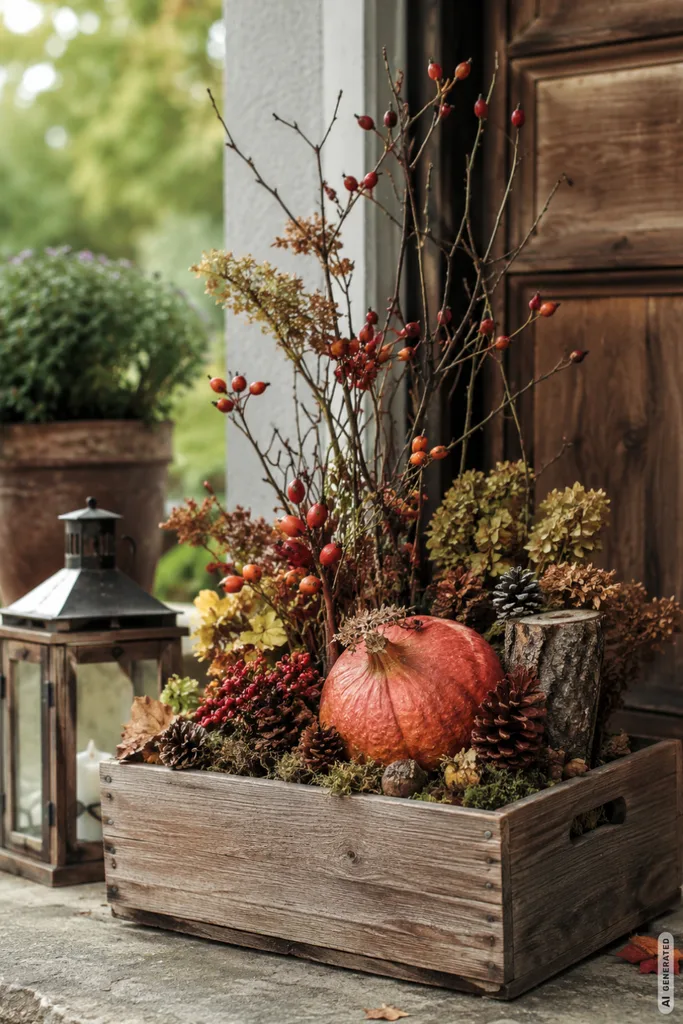 Herbstdeko mit Naturmaterialien für den Garten in einer Holzkiste mit Kürbis, Zweigen, Zapfen und Moos.