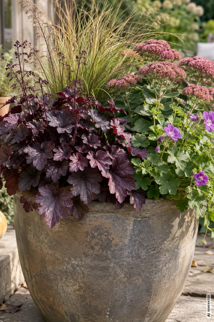 Gartendeko im September: So wird der Garten langsam herbstlich Gartendeko im September mit herbstlich bepflanztem Kübel aus Gräsern, Purpurglöckchen und Fetthenne auf der Terrasse.
