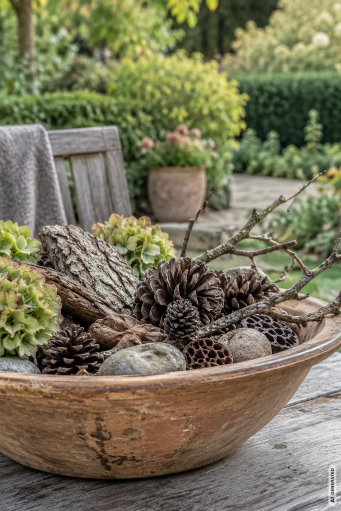 Gartendeko im September: So wird der Garten langsam herbstlich Gartendeko im September mit herbstlichen Naturmaterialien in einer rustikalen Schale auf dem Gartentisch.