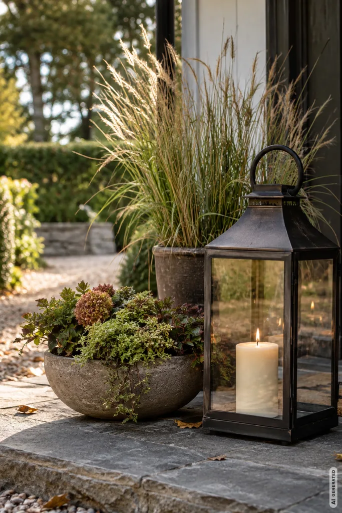 Gartendeko im September: So wird der Garten langsam herbstlich Gartendeko im September am Hauseingang mit Laterne, Ziergras und bepflanzter Schale in herbstlicher Gruppe.