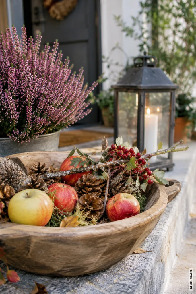 Vorgarten im September mit Äpfeln, Zapfen, Zweigen und Laterne als herzliche Herbstdeko.