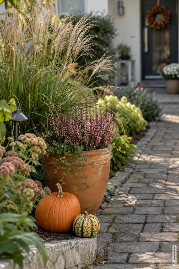 Vorgarten im September mit Gräsern, Heide und Kürbissen als herzliche Deko am Gartenweg.
